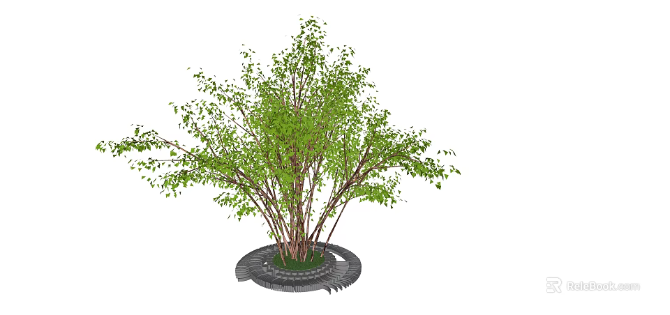 Circular Stone Tree Planter with Green Leafy Shrub and Natural Landscape Design 3d model 