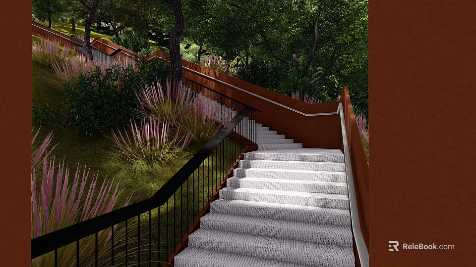 Outdoor Roadway Steps with Black Railings Surrounded by Trees and Purple Plants 3d model 