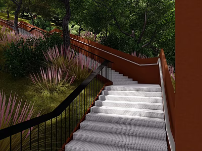 Outdoor Roadway Steps with Black Railings Surrounded by Trees and Purple Plants 3d model