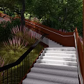 Outdoor Roadway Steps with Black Railings Surrounded by Trees and Purple Plants