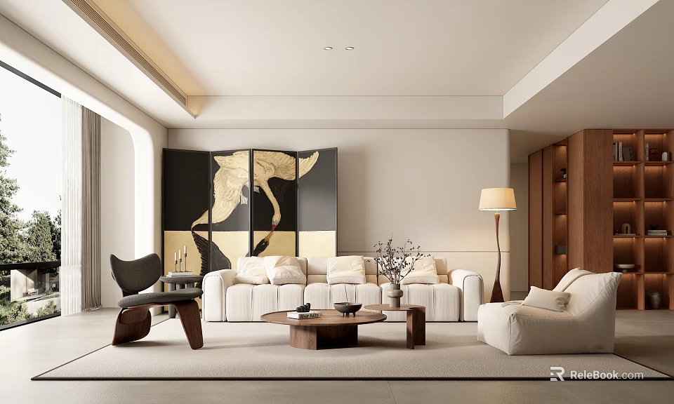 Modern Luxury Living Room With White Sofa Wooden Coffee Table Floor Lamp And Gold Partition 3d model 