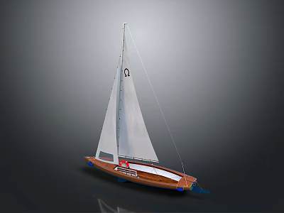 Wooden Sailboat With White Sail Brown Hull And Mast On Water 3d model