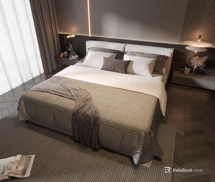 Modern Double Bed In Bedroom With Gray White Bedspread Multiple Pillows Nightstands And Table Lamps 3d model 