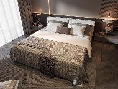 Modern Double Bed In Bedroom With Gray White Bedspread Multiple Pillows Nightstands And Table Lamps 3d model