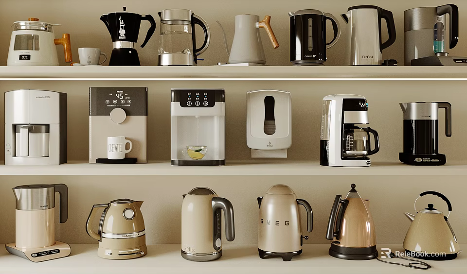 Various Modern Daily Electrical Appliances Displayed On Kitchen Shelves With Coffee Makers And Kettles 3d model 
