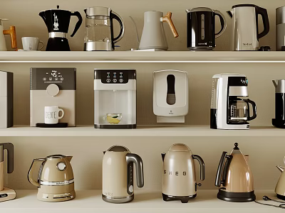 Various Modern Daily Electrical Appliances Displayed On Kitchen Shelves With Coffee Makers And Kettles 3d model