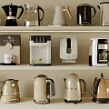 Various Modern Daily Electrical Appliances Displayed On Kitchen Shelves With Coffee Makers And Kettles