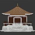Traditional Pavilion 3D Model With Brown Tiled Roof White Base And Stone Steps