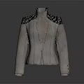 Elegant Gray Jacket With Black Lace Shoulder Details And Decorative Buttons