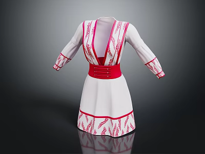Ethnic Style White Dress With Long Sleeves Red Embroidered Patterns And Belt 3d model