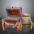 Open Treasure Chest Scene With Money Bag Gold Coins And Colorful Gemstones