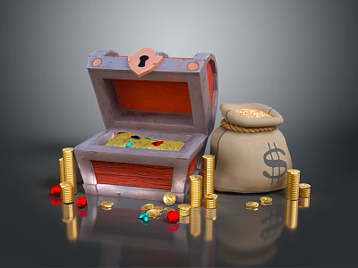 Open Treasure Chest Scene With Money Bag Gold Coins And Colorful Gemstones 3d model