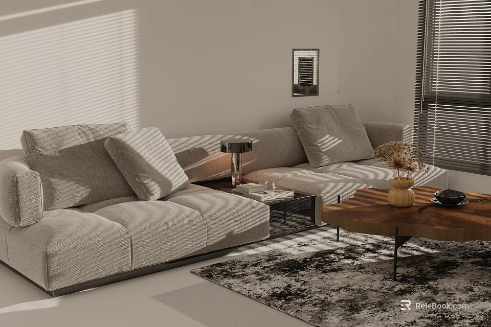 Modern Living Room Large Sectional Sofa With Decorative Pillows Coffee Table Lamp And Rug 3d model 
