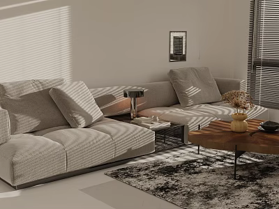 Modern Living Room Large Sectional Sofa With Decorative Pillows Coffee Table Lamp And Rug 3d model