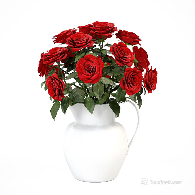 White Ceramic Vase With Fresh Red Roses And Green Leaves For Home Decoration 3d model 