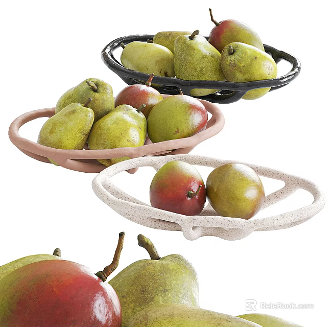 Assorted Fresh Fruits Including Pears and Mango in Colorful Plates and Baskets 3d model 