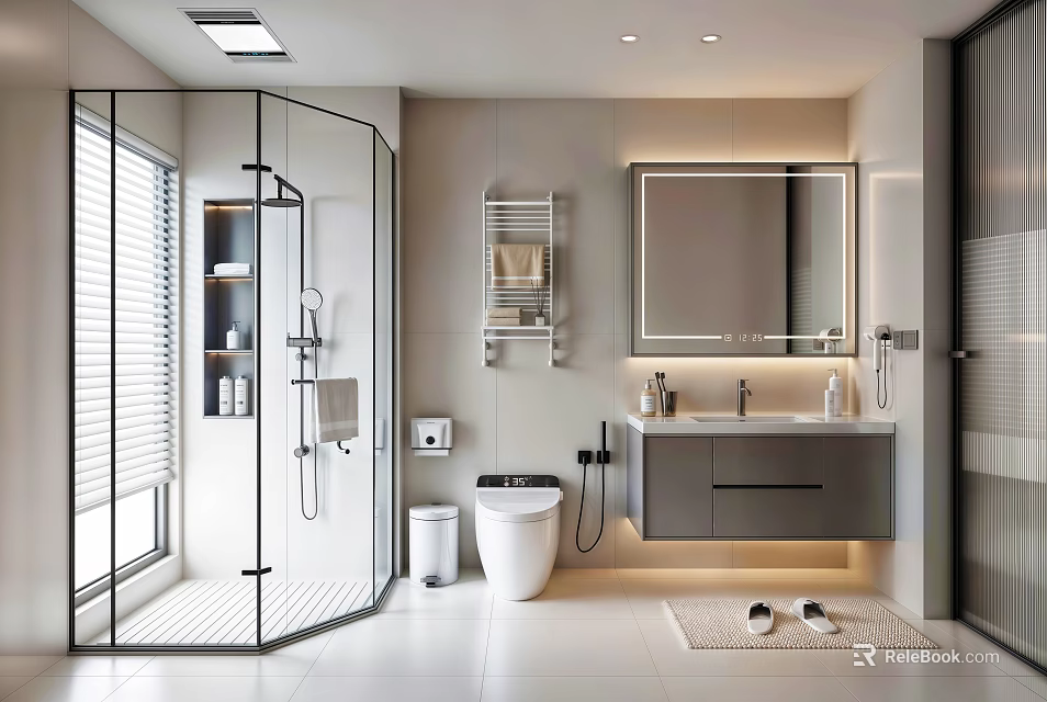 Modern Bathroom Interior Design With Glass Shower Enclosure Vanity Mirror Lighting And Toilet 3d model 