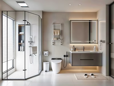 Modern Bathroom Interior Design With Glass Shower Enclosure Vanity Mirror Lighting And Toilet 3d model