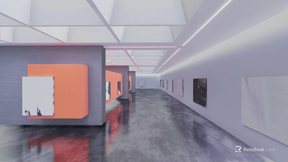 Contemporary Art Gallery Interior With White Ceiling Gray Walls Orange Displays And Paintings 3d model 