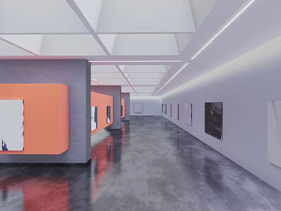 Contemporary Art Gallery Interior With White Ceiling Gray Walls Orange Displays And Paintings 3d model