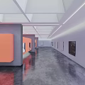 Contemporary Art Gallery Interior With White Ceiling Gray Walls Orange Displays And Paintings