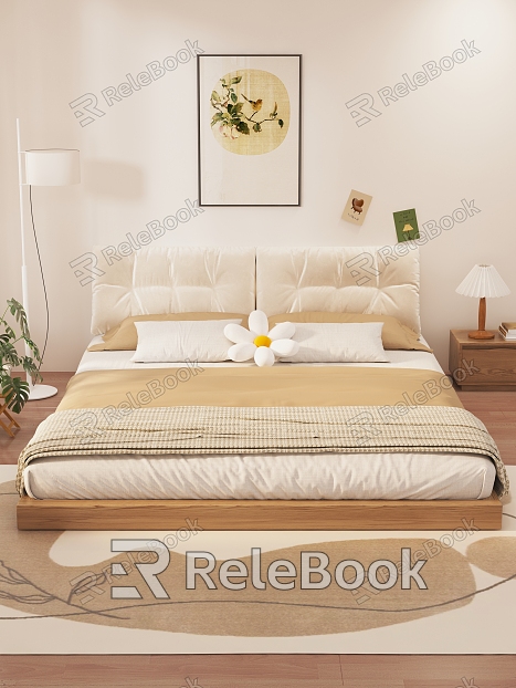 Tatami Bedroom Bed Tatami Slippers Carpet Quilt Mat Pillow Bedside Picture Floor Lamp Green Plant Post-it Notes Bedside Cabinet Wooden Floor Curtain Gauze Curtain Window Window Exterior Flower Pillow model