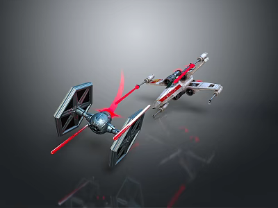 Starfighter Models With Black Hexagonal Wings And White Red X Design On Dark Reflective Background 3d model