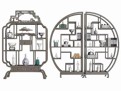 Chinese Style Curio Shelf With Circular Design Decorative Vases Teacups And Collectibles 3d model