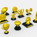 Decorative Golden Trophies And Medals With Various Shapes And Black Bases