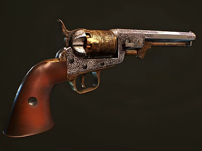 Vintage Engraved Revolver With Wooden Grip And Ornate Metal Details 3d model