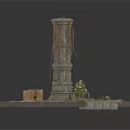 Modern Scene With Stone Pillar Vines Platform Moss And Mechanical Parts