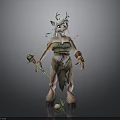 Ethereal Mythical Woman With White Long Hair Antlers Green Outfit Staff And Deer Legs