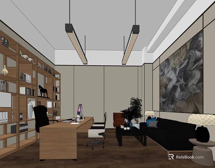 Modern Office Interior With Wooden Bookshelves Desk Computer Sofa Plant And Large Decorative Painting 3d model 
