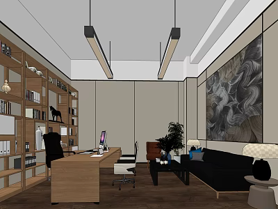 Modern Office Interior With Wooden Bookshelves Desk Computer Sofa Plant And Large Decorative Painting 3d model