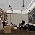 Modern Office Interior With Wooden Bookshelves Desk Computer Sofa Plant And Large Decorative Painting