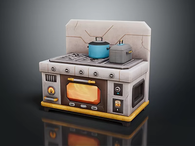 Vintage Style Kitchen Appliance With Stove Oven Microwave Featuring Blue And Silver Pots 3d model