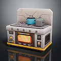 Vintage Style Kitchen Appliance With Stove Oven Microwave Featuring Blue And Silver Pots
