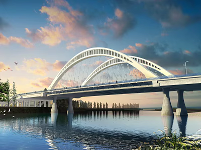 Modern Double Arch Bridge Featuring Water Reflection Cloudy Sky Flying Birds And Trees 3d model