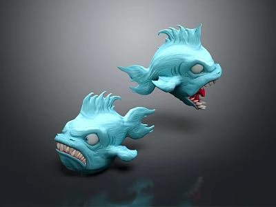 Blue Fish Monster Game Movie Character Design With Sharp Teeth Open Mouth Prominent Eyes 3d model