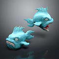 Blue Fish Monster Game Movie Character Design With Sharp Teeth Open Mouth Prominent Eyes