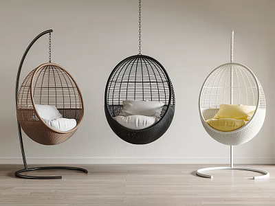 Modern Rattan Hanging Chairs with Different Stands and Colorful Cushions for Indoor Decoration 3d model