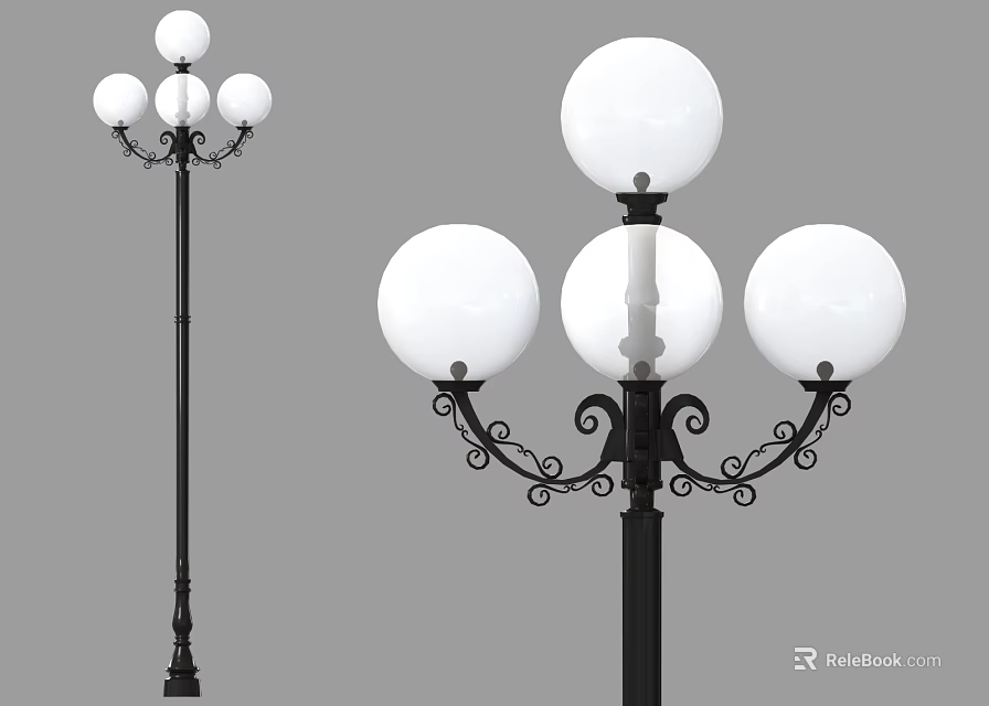 Outdoor Street Lights With Decorative Iron Brackets And Spherical White Shades 3d model 