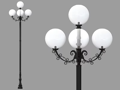 Outdoor Street Lights With Decorative Iron Brackets And Spherical White Shades 3d model