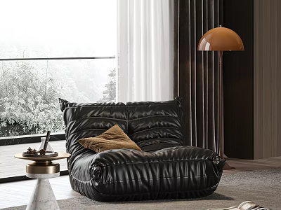 Black Leather Bean Bag Chair Comfortable with Brown Cushion in Modern Interior Green Plants View 3d model