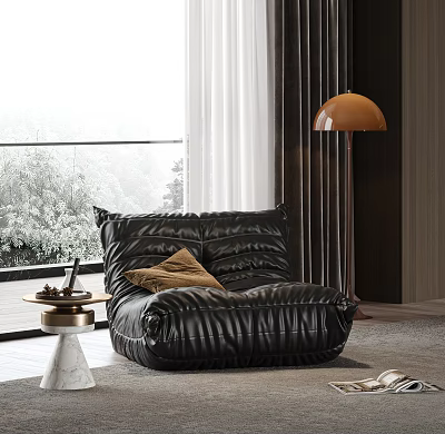 Black Leather Bean Bag Chair Comfortable with Brown Cushion in Modern Interior Green Plants View 3d model