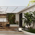 Courtyard Garden with Glass Roof Cherry Blossom Tree Wooden Bar Counter and Outdoor Chairs