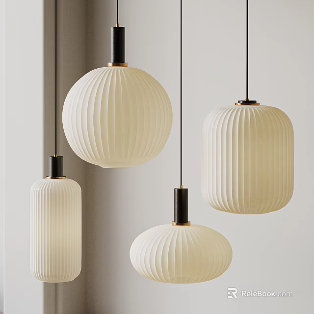 Modern White Pleated Pendant Lights With Black Metal Bases Three Hanging For Interior Decor 3d model 