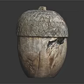 Wooden Acorn Shaped Container With Scaly Texture Lid And Weathered Cracks On Dark Background
