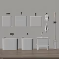 Modern White Ceramic Bathroom Fixtures With Wall Mounted Toilets Pedestal Sinks Faucets And Cleaning Tools