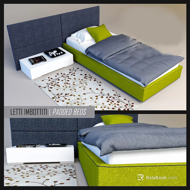 Modern Single Bed With Padded Headboard Green Frame Gray Quilt And Decorative Rug 3d model 